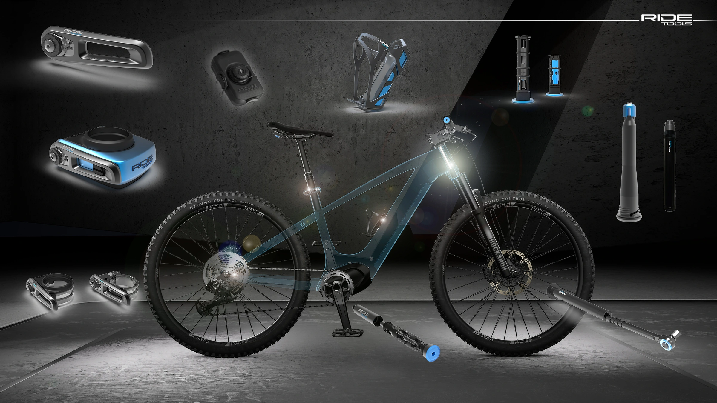 Ride Tools Baukastensystem: komplettes Fahrrad mit Ratsche, Mothership, Werkzeugdepots und Pumpen